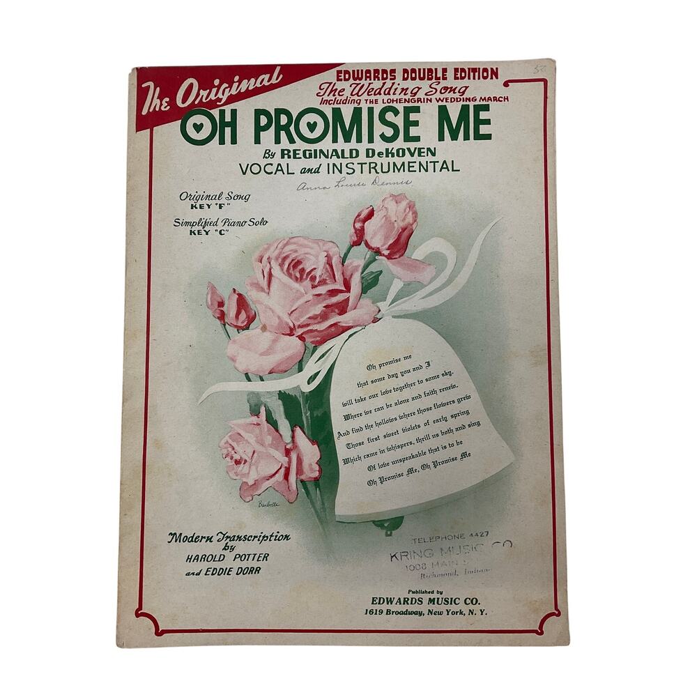 Oh Promise Me‎ Sheet 1946 Music By Reginald DeKoven Vocal and Instrumental